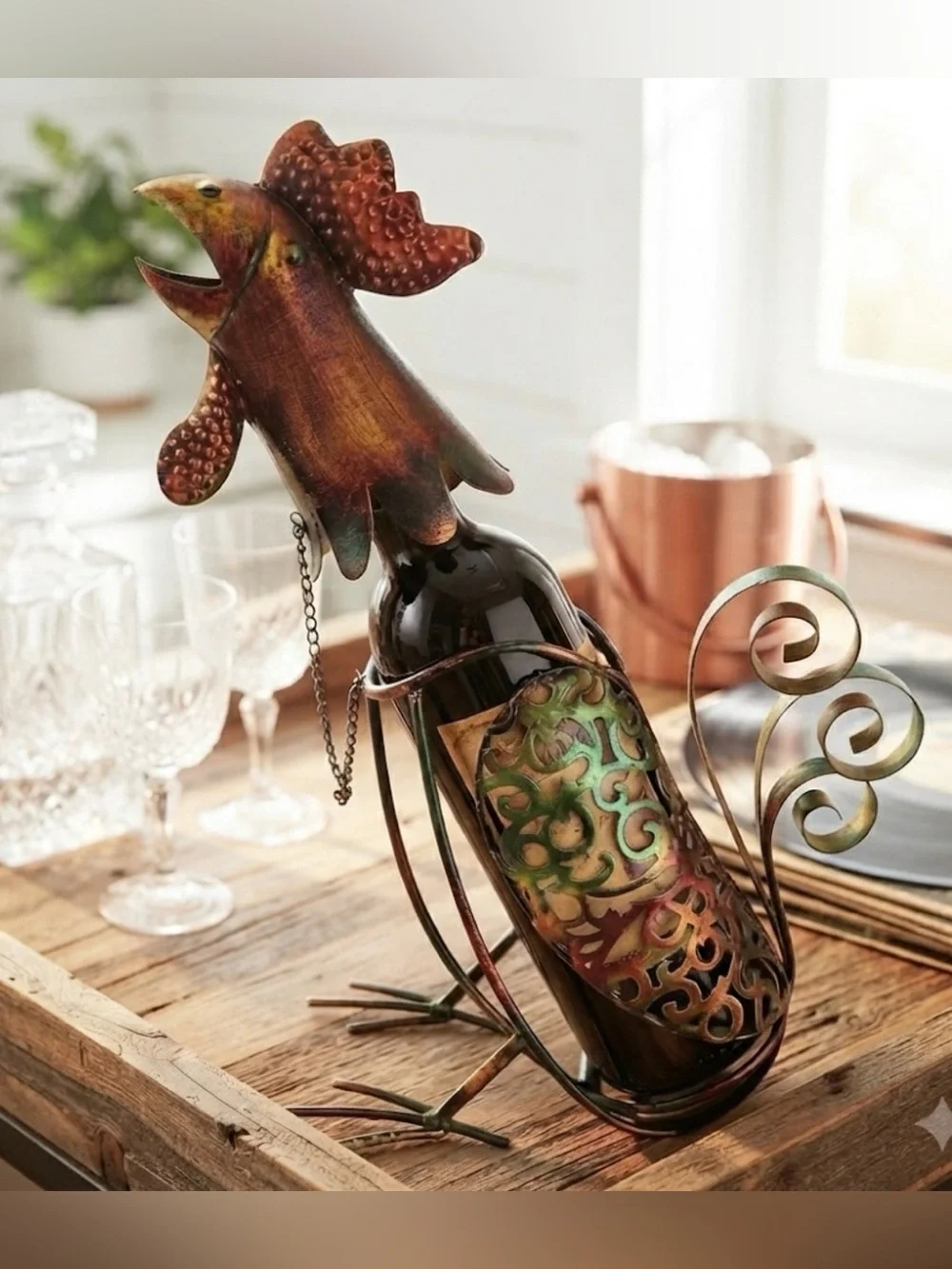 Maximalist Metal Rooster Wine Bottle Holder Y2K Kitchen Retro Decor Caddy